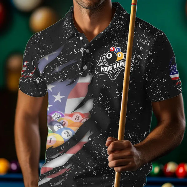 Personalized Grunge Black American Flag Billiard Shirts For Men Custom 8 Ball Pool Billiard Jersey TDM3743