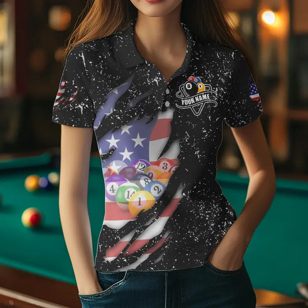 Personalized Grunge Black American Flag Billiard Shirts For Women Custom 8 Ball Pool Billiard Jersey TDM3743