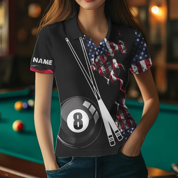 Personalized US Flag Smoke 8 Ball Pool Billiard Shirt For Women Custom Patriotic Billiard Team Jersey TDM3744