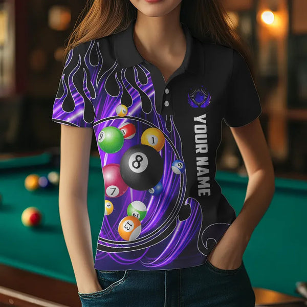 3D Billiard Balls Fire Flame Custom Pool Shirts For Women, Billiard League Team Jerseys | Purple TDM3753