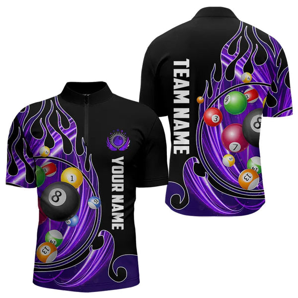 3D Billiard Balls Fire Flame Custom Pool Shirts For Men, Billiard League Team Jerseys | Purple TDM3753