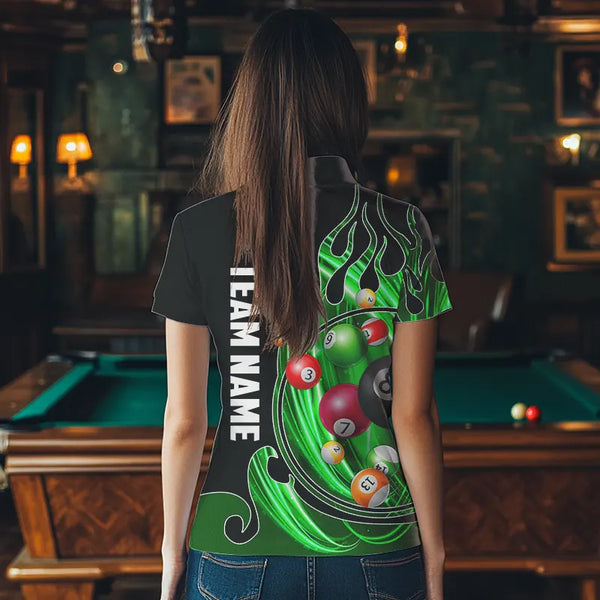 3D Billiard Balls Fire Flame Custom Pool Shirts For Women, Billiard League Team Jerseys | Green TDM3754