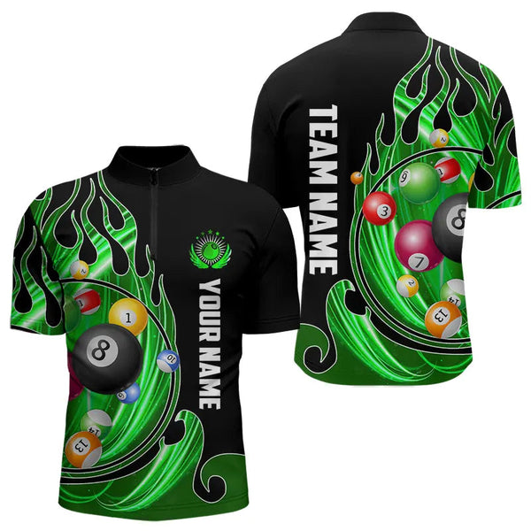3D Billiard Balls Fire Flame Custom Pool Shirts For Men, Billiard League Team Jerseys | Green TDM3754