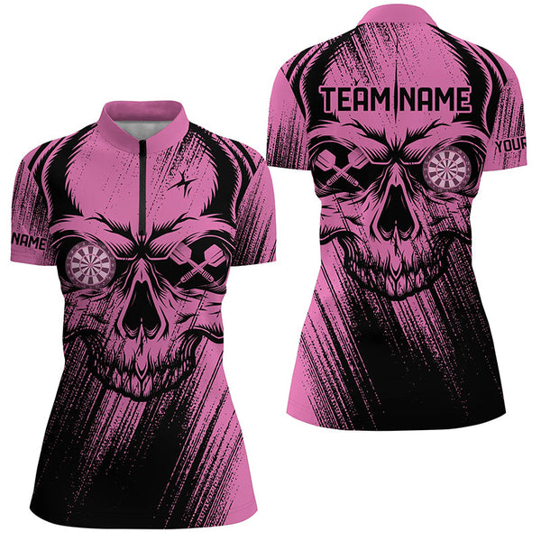Personalized Pink Grunge Skull Darts Polo & Quarter-Zip Shirt For Women Custom Cool Darts Team Jersey TDM2531