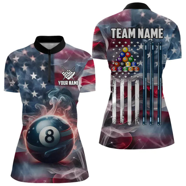 Personalized Smoke USA 8 Ball Pool Billiard Shirts For Women, Patriotic American Team Billiard Jersey TDM3602