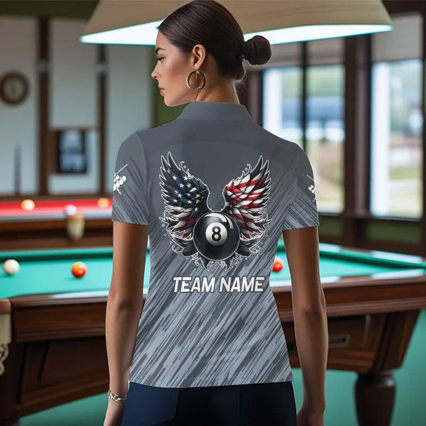 Personalized Funny 8 Ball Wings US Flag Grey Billiard Shirts For Women, Patriotic Billiard Jerseys TDM3603