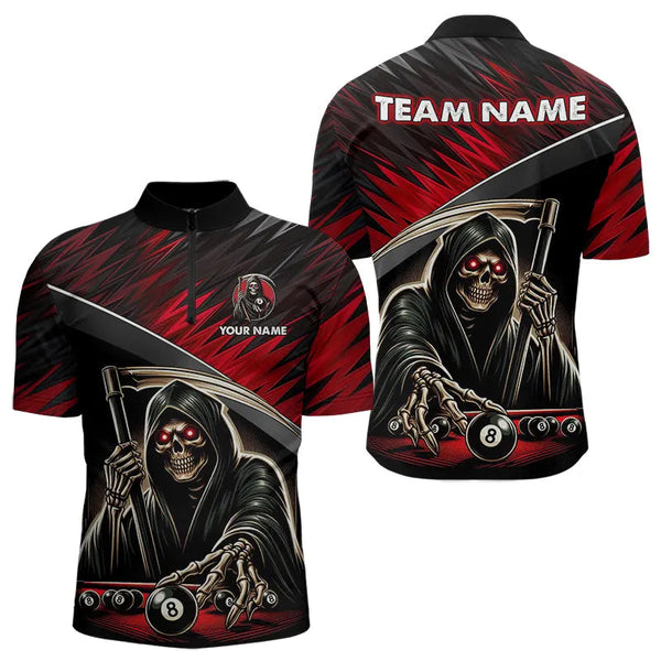 Red Grim Reaper 8 Ball Pool Billiard Shirts For Men Custom Billiard Team Jerseys Polo & 1/4 Zip TDM3760
