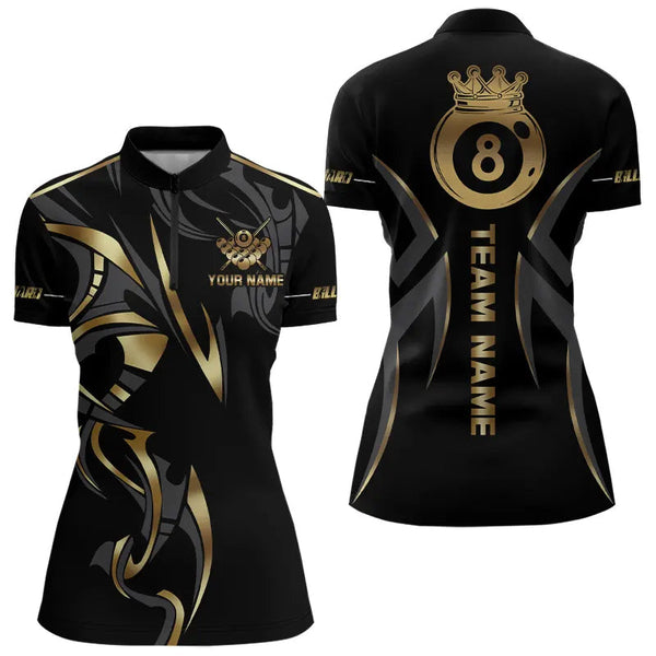 Customized 8 Ball Pool Crown Women Billiard Shirts, Gold And Black Billiard Team Shirt Pool Jerseys TDM3769