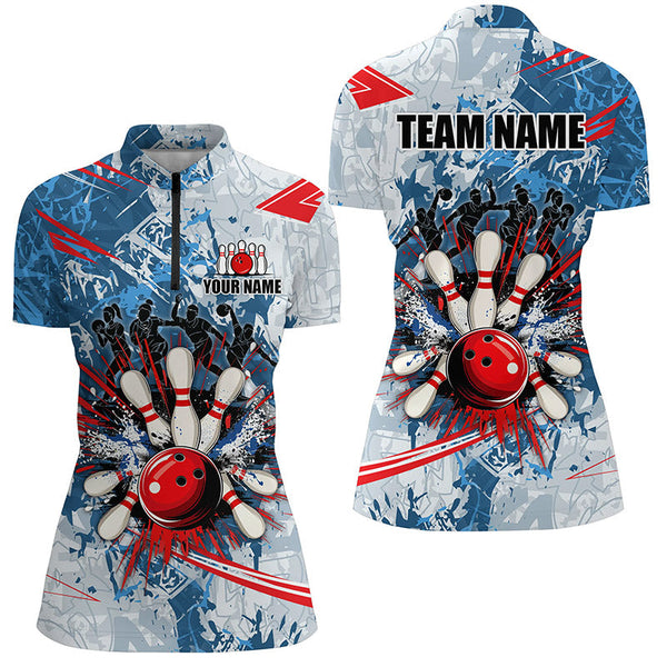 Blue camo Women Bowling Polo, Quarter Zip Shirts Custom bowling team league jerseys, gift for bowlers NQS7869