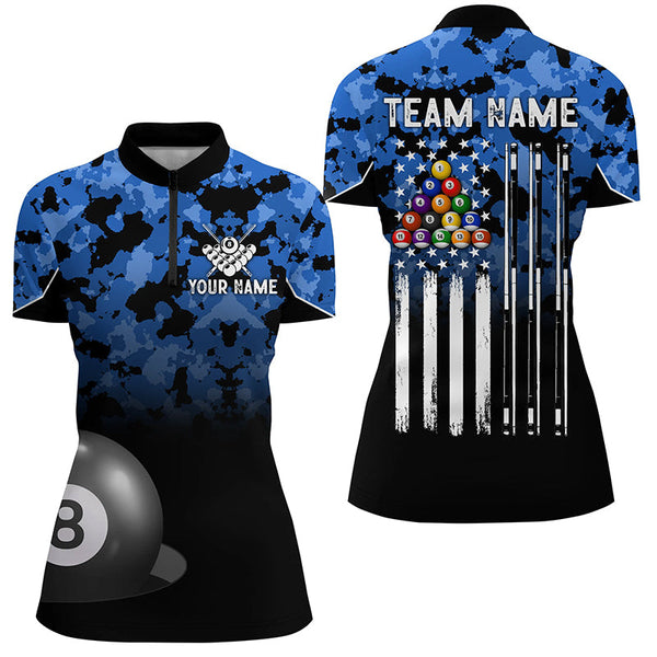 8 Ball Pool Blue Camo Custom Billiard Shirts For Women, Patriotic US Flag Billiard Team Jerseys TDM2313