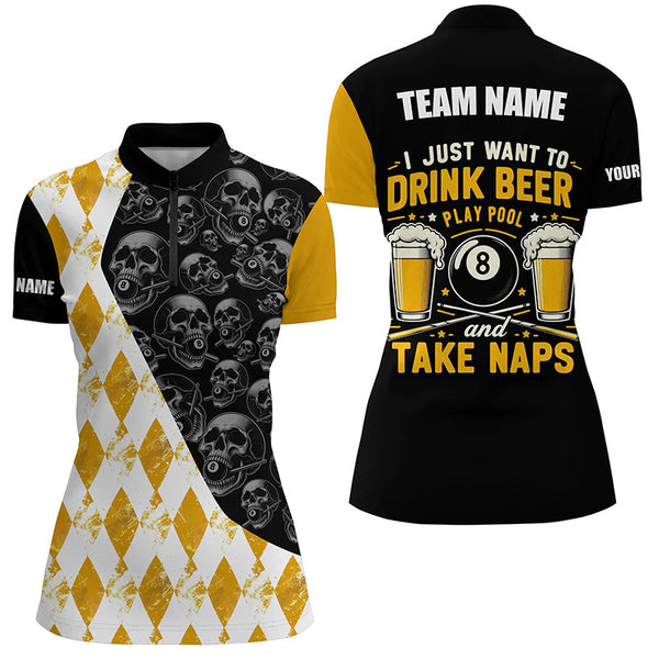 I Just Want To Drink Beer Billiard Shirt For Women Custom Yellow Argyle Skull Pattern Billiard Jersey TDM2091