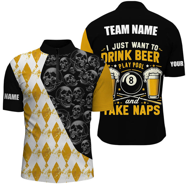 I Just Want To Drink Beer Billiard Shirt For Men Custom Yellow Argyle Skull Pattern Billiard Jersey TDM2091