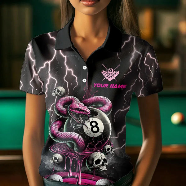 Pink And Black Thunder Lightning Skull Snake Billiard Shirts For Women Custom 8 Ball Billiard Jerseys TDM3627