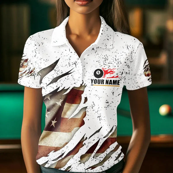 Billiard Ball Retro US Flag White Grunge Billiard Shirt For Women Custom 8 Ball Pool Billiard Jersey TDM3636