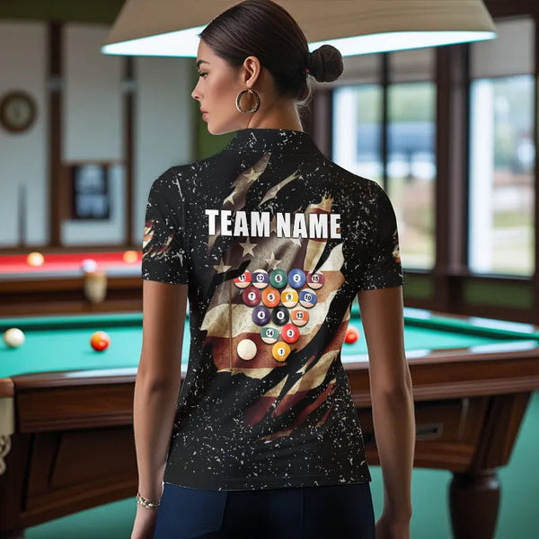 Billiard Ball Retro US Flag Black Grunge Billiard Shirt For Women Custom 8 Ball Pool Billiard Jersey TDM3637