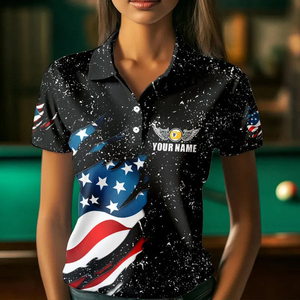 Black Grunge Eagle American Flag Custom 9 Ball Pool Women's Billiard Shirts, Billiard Team Jerseys TDM3779
