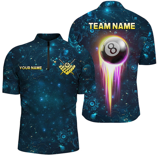 Custom Galaxy Blue Billiard Polo & Quarter-Zip Shirts For Men, Glowing 8 Ball Pool Billiard Attire TDM1676