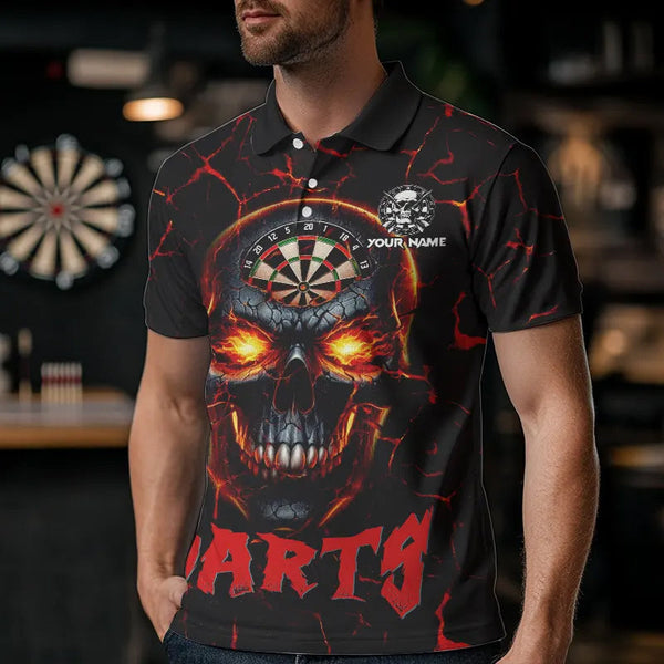Personalized Red Dartboard Skull Fire Crack Dart Shirts Polo & 1/4 Zip For Men Custom Dart Jerseys TDM3641