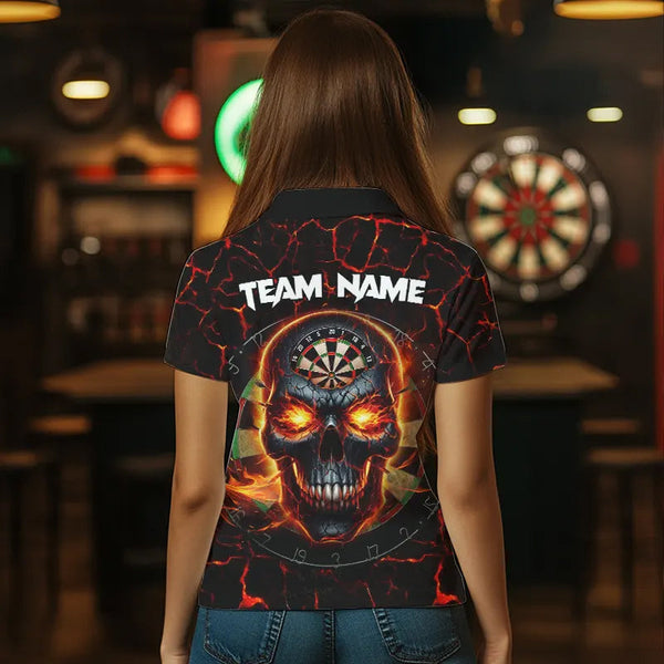 Personalized Red Dartboard Skull Fire Crack Dart Shirts Polo & 1/4 Zip For Women Custom Dart Jerseys TDM3641