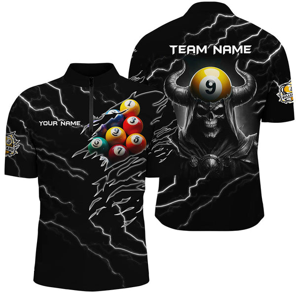 3D Skull 9 Ball Pool Billiard Balls Sport Jerseys Custom Lightning Black Billiard Shirts For Men TDM2340