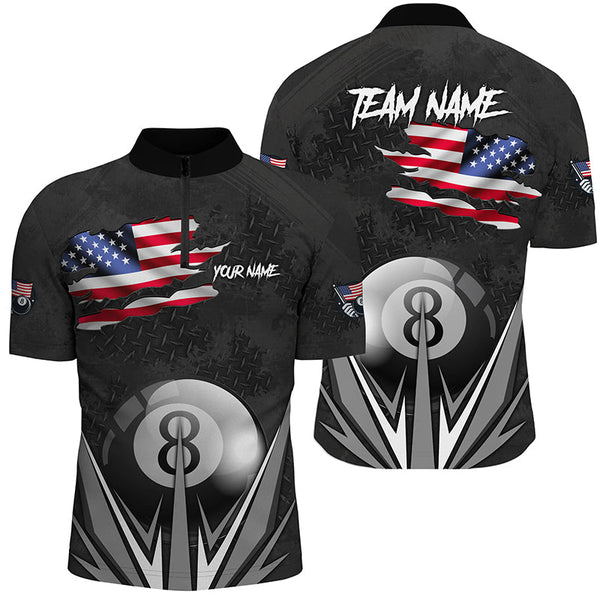 American Flag 8 Ball Pool Custom Name Black Billiard Jerseys For Men, Patriotic Billiard Shirts TDM1905