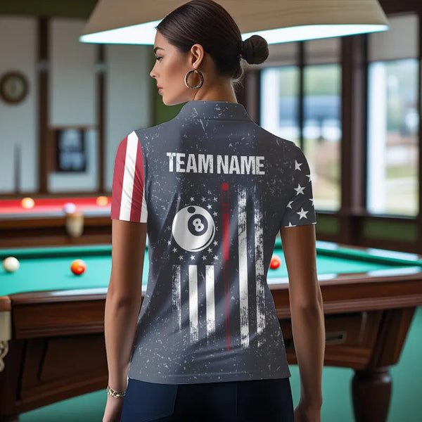 Grunge Navy American Flag 8 Ball Billiard Shirt For Women Custom Patriotic Billiard Shirt Pool Jersey TDM3663