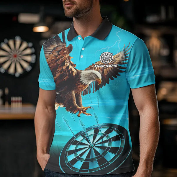 Personalized Cyan Blue Dartboard Eagle Dart Shirts For Men Custom Team Darts Jersey Polo & 1/4 Zip TDM3810
