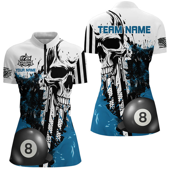 Personalized Blue Grunge Skull Billiards Shirts For Women Custom Retro Billiard Team Jerseys Attire TDM1563
