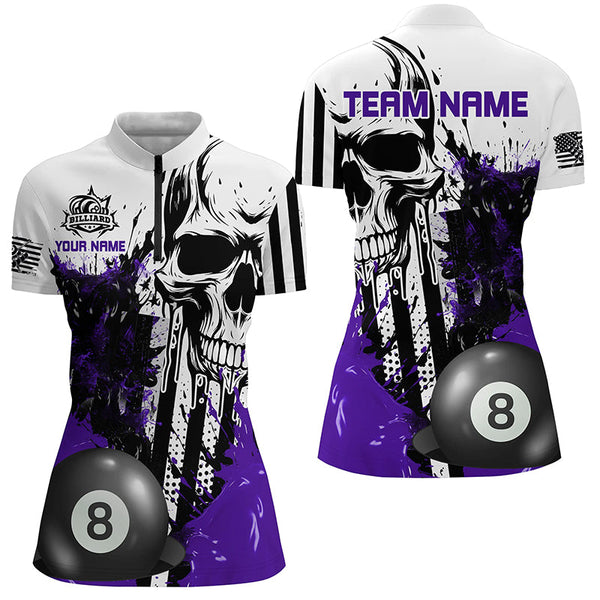 Personalized Purple Grunge Skull Billiards Shirts For Women Custom Retro Billiard Team Jerseys Attire TDM1565