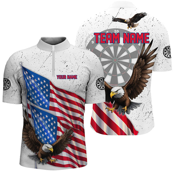 Personalized Eagle American Flag Custom White Grunge Darts Shirts For Men, Patriotic Darts Jerseys TDM2428
