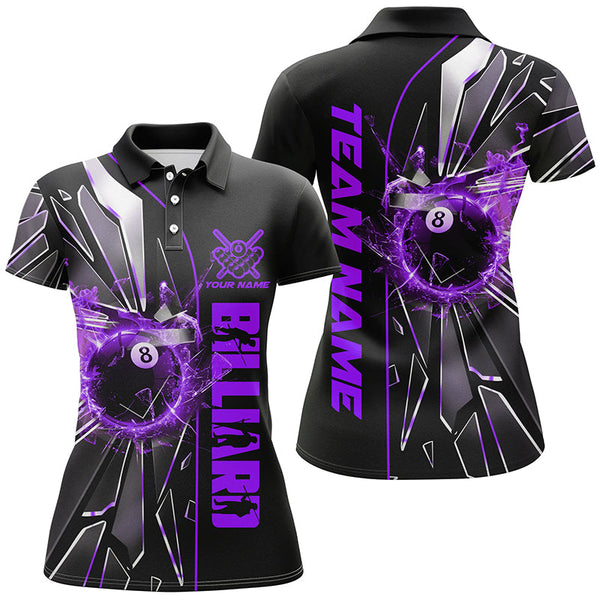 Personalized Purple Glass Crack 8 Ball Billiard Women Polo & Quarter-Zip Shirts, 8 Ball Pool Jerseys TDM1736
