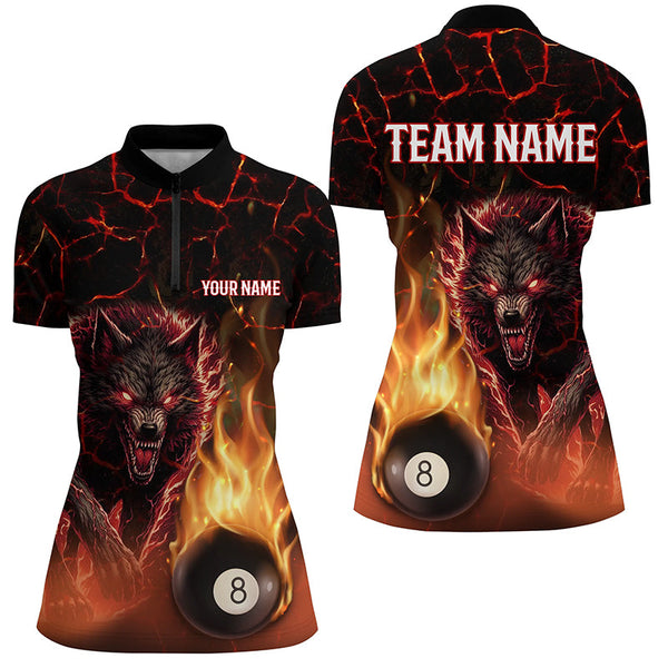 Custom 3D Wolf 8 Ball Fire Flame Billiard Polo, 1/4 Zip Shirts For Women Team League Billiard Jerseys TDM2450