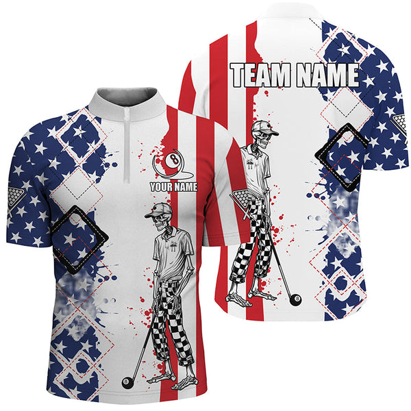 Personalized Argyle US Flag Funny Skeleton Men Billiard Shirts, Patriotic Billiard Team Jerseys TDM1759
