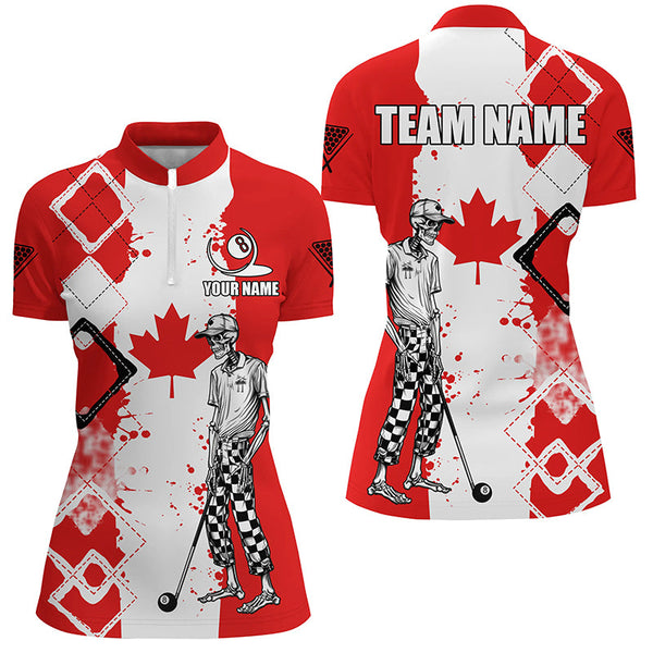 Personalized Argyle Canada Flag Funny Skeleton Women Billiard Shirts, Patriotic Billiard Team Jerseys TDM1760