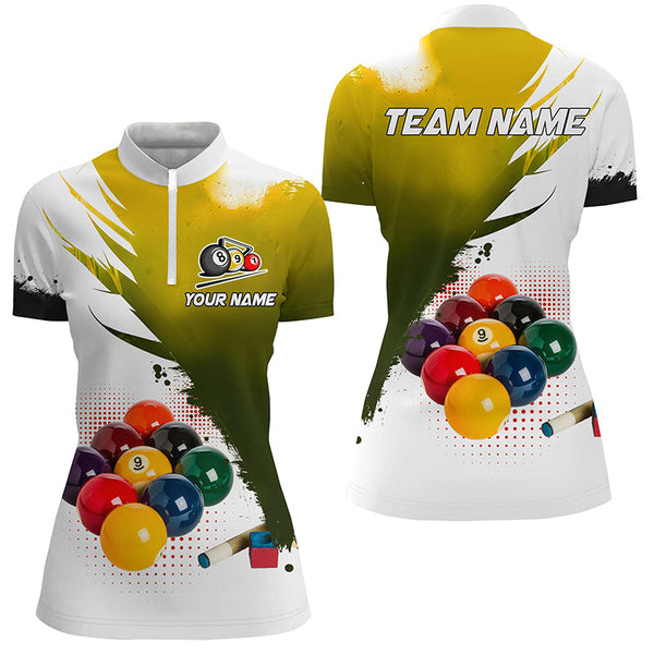 3D 9 Ball Pool Billiard Jerseys Women Polo & Quarter-Zip Shirts Custom Billiard Team Shirts |Yellow TDM2155