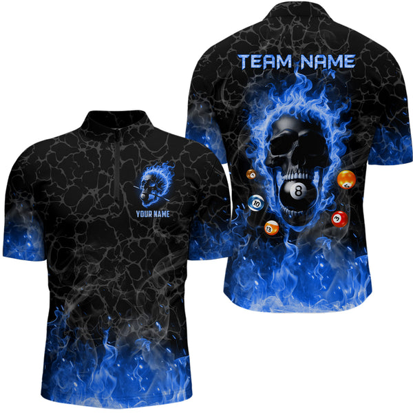 Billiards 8 Ball Flame Skull Fire Custom Pool Shirts For Men, Unique League Billiard Jerseys |Blue TDM2011