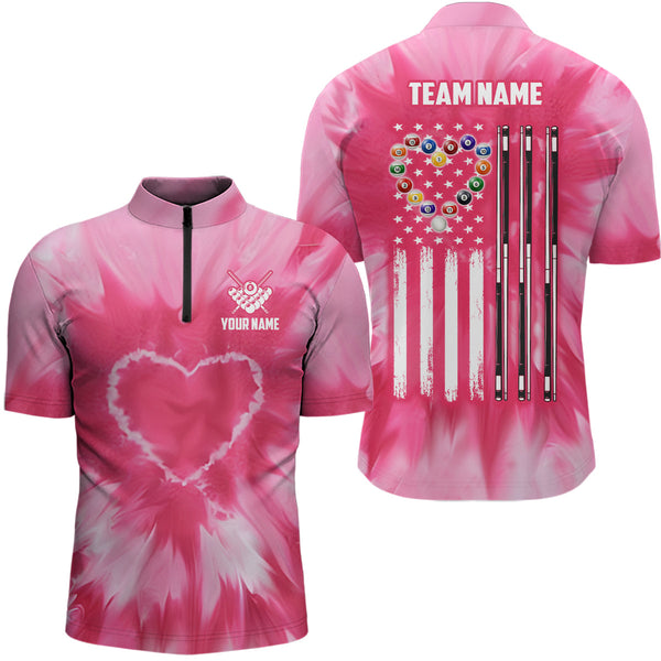 Personalized Pink Tie Dye Heart US Flag Men Billiard Shirts, Billiard Valentines Day Shirt Gifts TDM3430