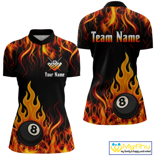 Orange 8 Ball Flame Fire Billiard Shirts For Women Custom Polo & 1/4 Zip Billiard Team Jerseys TDM4012