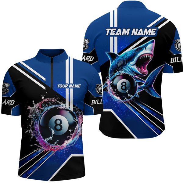 Blue 8 Ball Pool Billiard Shark Polo & Quarter Zip Men Billiard Shirt Custom Shark Billiard Jersey TDM3272