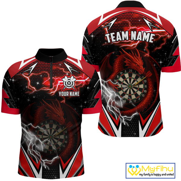 Personalized Dragon Dart Shirts For Men – Custom Thunder Red Darts Team Jerseys Polo & Quarter Zip TDM4037