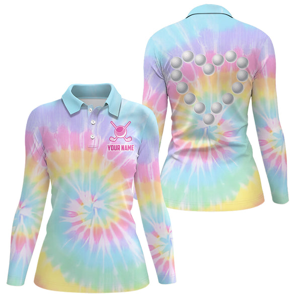 Colorful Tie Dye Womens Golf Polo Shirt Custom Golf Ball With Heart Golf Outfit For Ladies, Golf Gift TDM1865