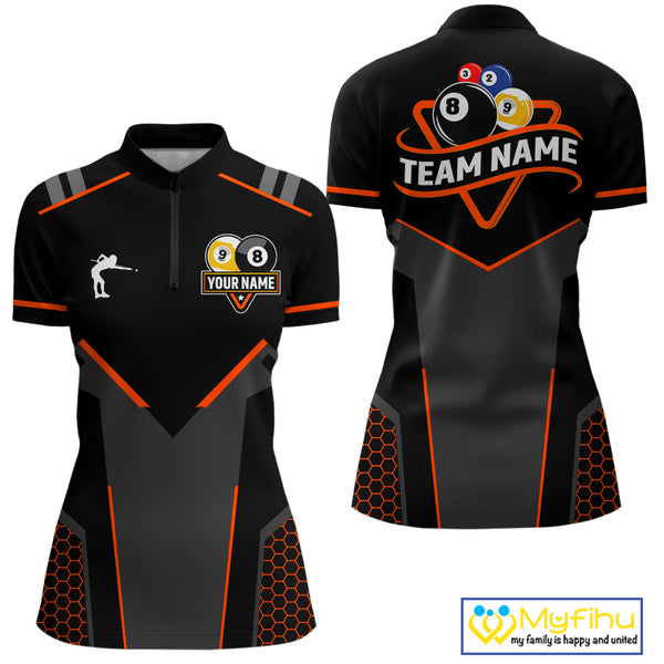 Personalized 8&9 Ball Pool Billiard Polo, 1/4 Zip For Women Custom Team Billiard Jersey|Orange TDM4049