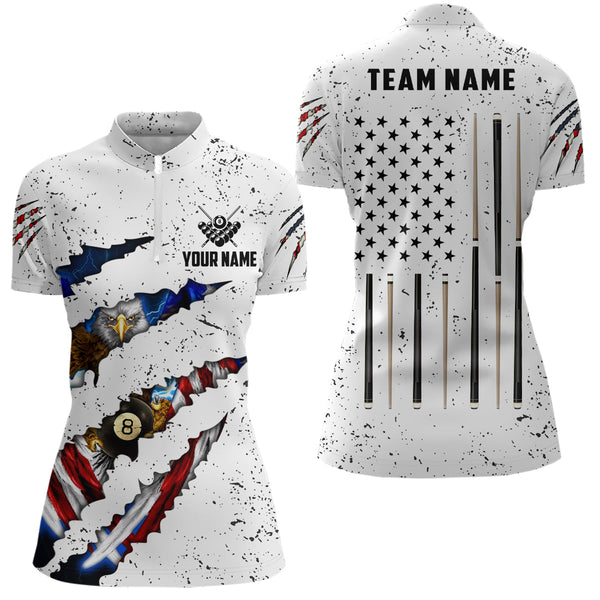 Custom Eagle American Flag White Grunge Billiard Shirts For Women, Patriotic Billiard Team Jerseys TDM2317