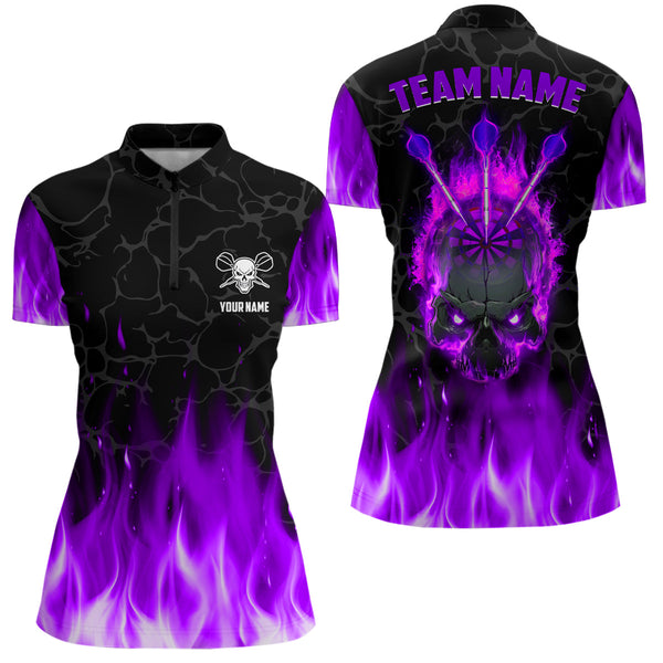 Fire Flame Skull Womens Darts Polo & Quarter Zip Shirt Custom Scary Darts Team Jerseys | Purple TDM2553