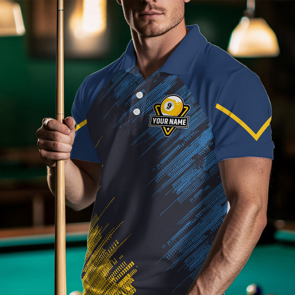 Personalized Blue Yellow 9 Ball Pool Wings Men's Billiard Shirts, 9 Ball Billiard Team Shirt Jersey TDM3776
