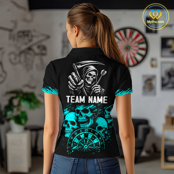 Custom Women's Grim Reaper Dart Shirt – Black Cyan Grunge Dart Jersey Team Polo & Quarter Zip Style TDM4068