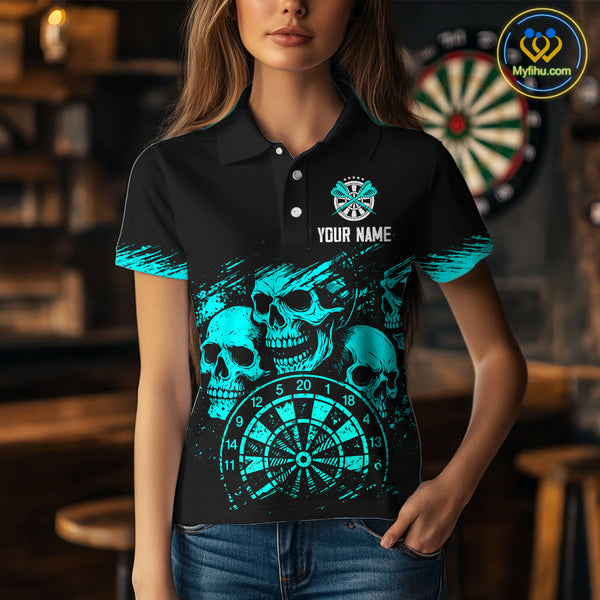 Custom Women's Grim Reaper Dart Shirt – Black Cyan Grunge Dart Jersey Team Polo & Quarter Zip Style TDM4068