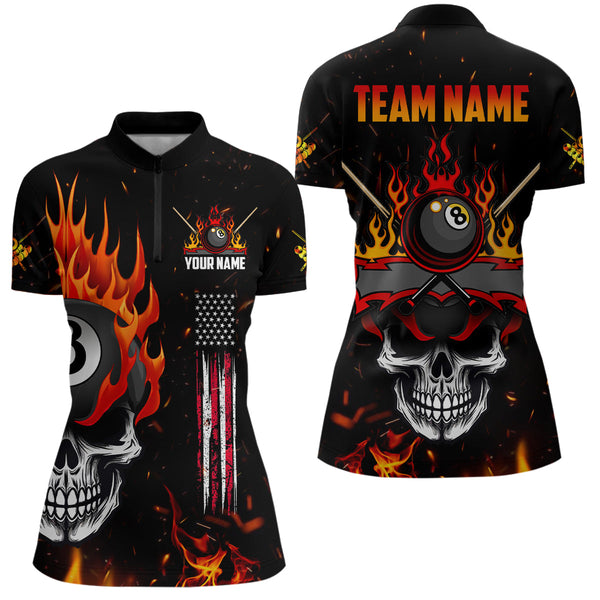 Personalized Fire Flame Skull American Flag Billiard Shirts For Women, 8 Ball Pool Billiard Jerseys TDM3340