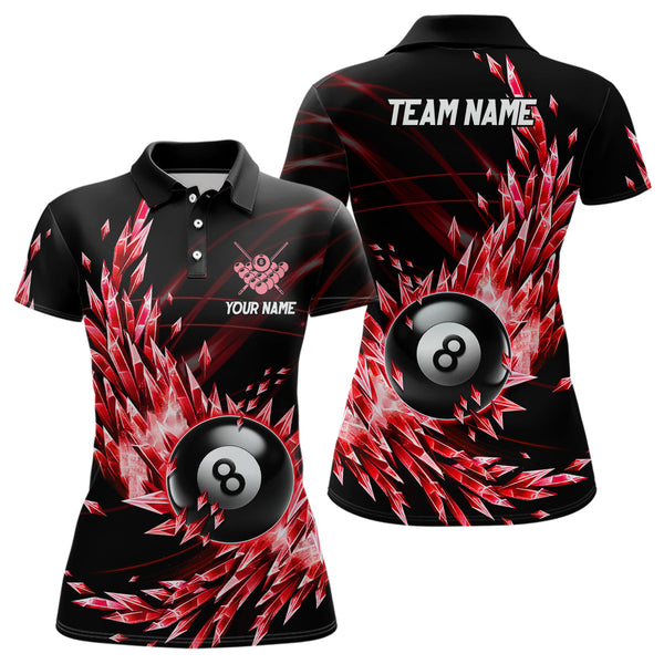 3D Red Frozen Ice Custom Women Billiard Polo & Quarter-Zip Shirts, 8 Ball Pool Billiard Attire Jersey TDM1705