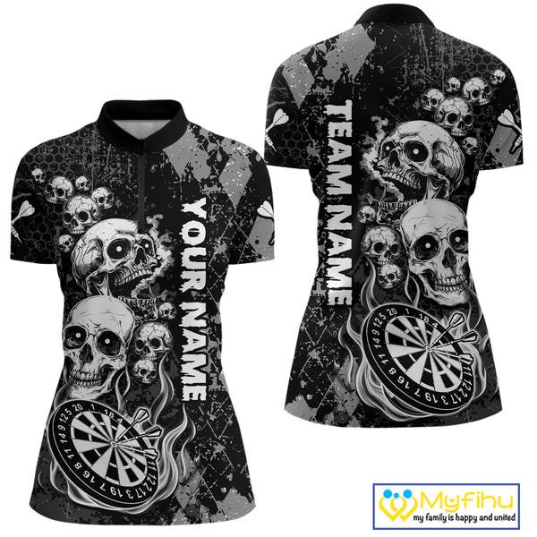 Black Grey Grunge Argyle Skull Dart Shirts Custom Women's Dart Jerseys Team Polo & Quarter Zip TDM3836